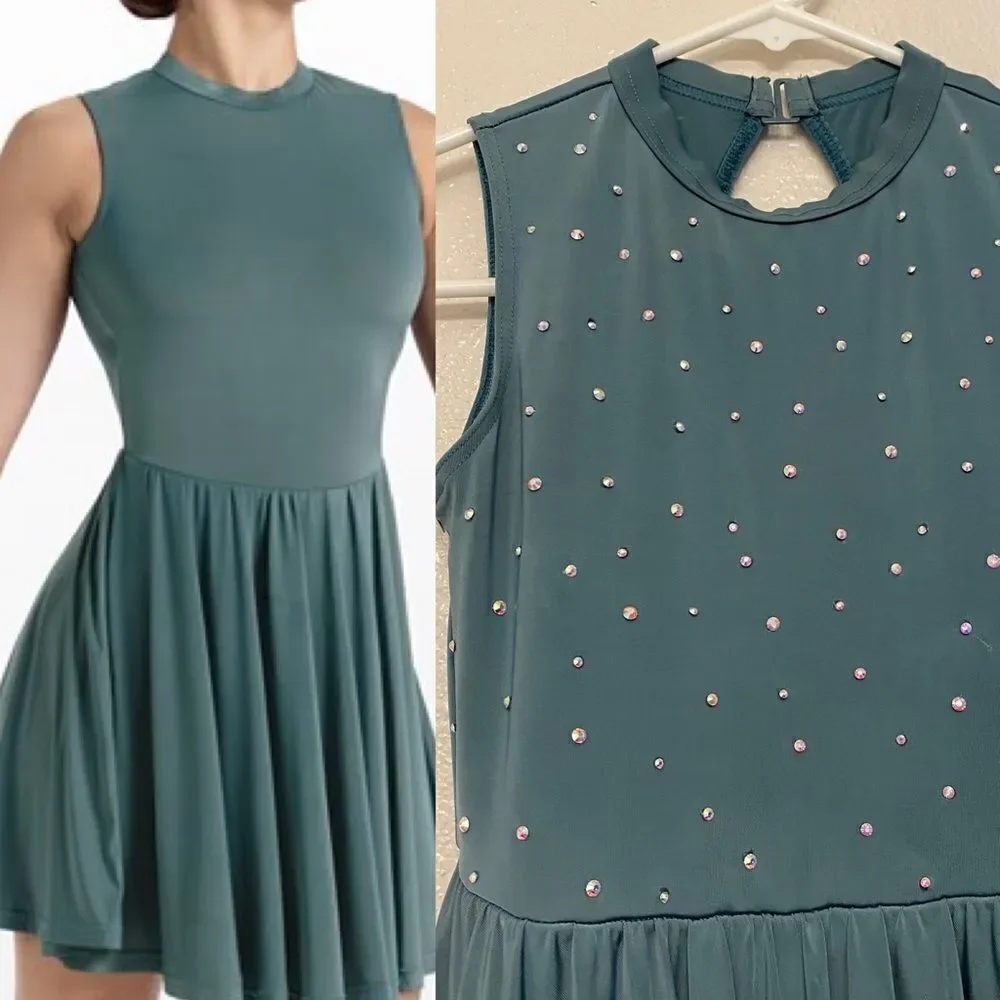 WEISSMAN Dance Costume Sage green Keyhole Back Skater Dress rhinestone D11782 IC